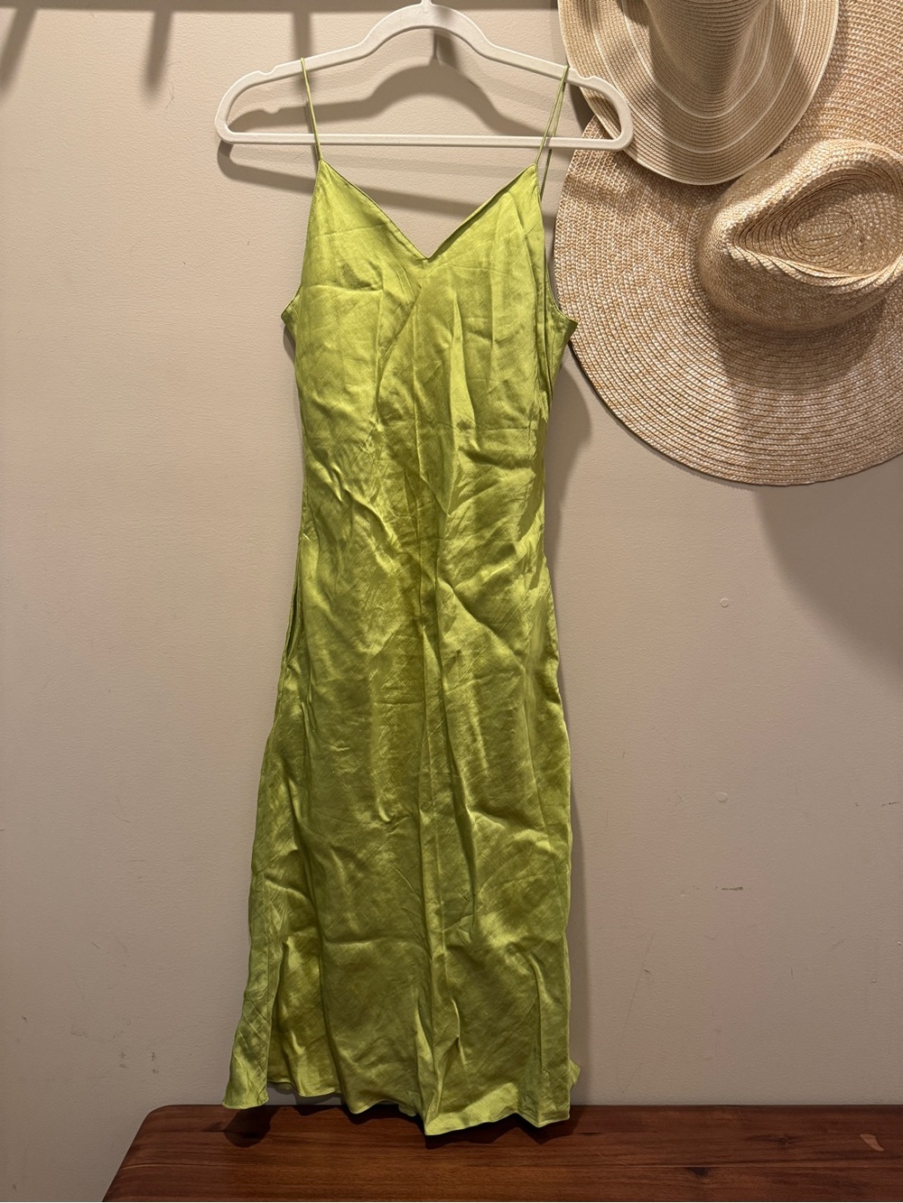 Rujuta Sheth Chartreuse Linen Silk Slip Dress Midi Size M